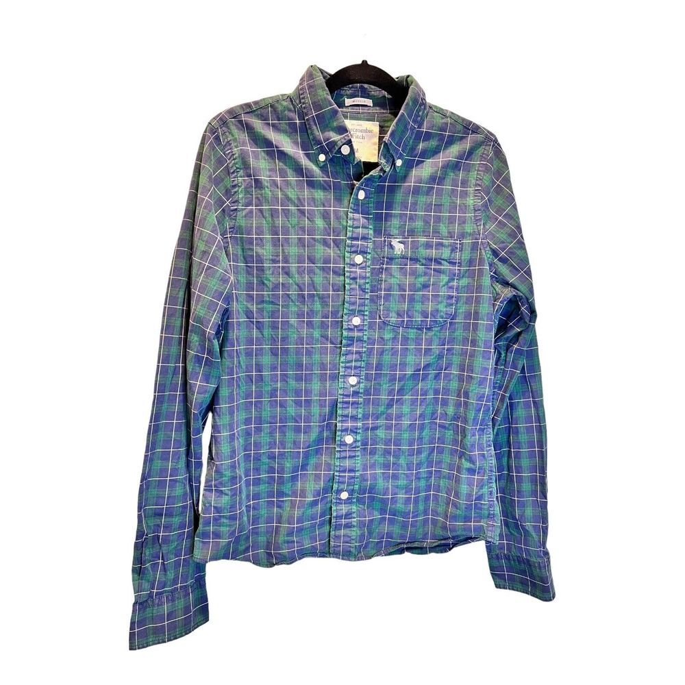 Abercrombie & Fitch Men's M Plaid Flannel Blue Green Collared Muscle Fit